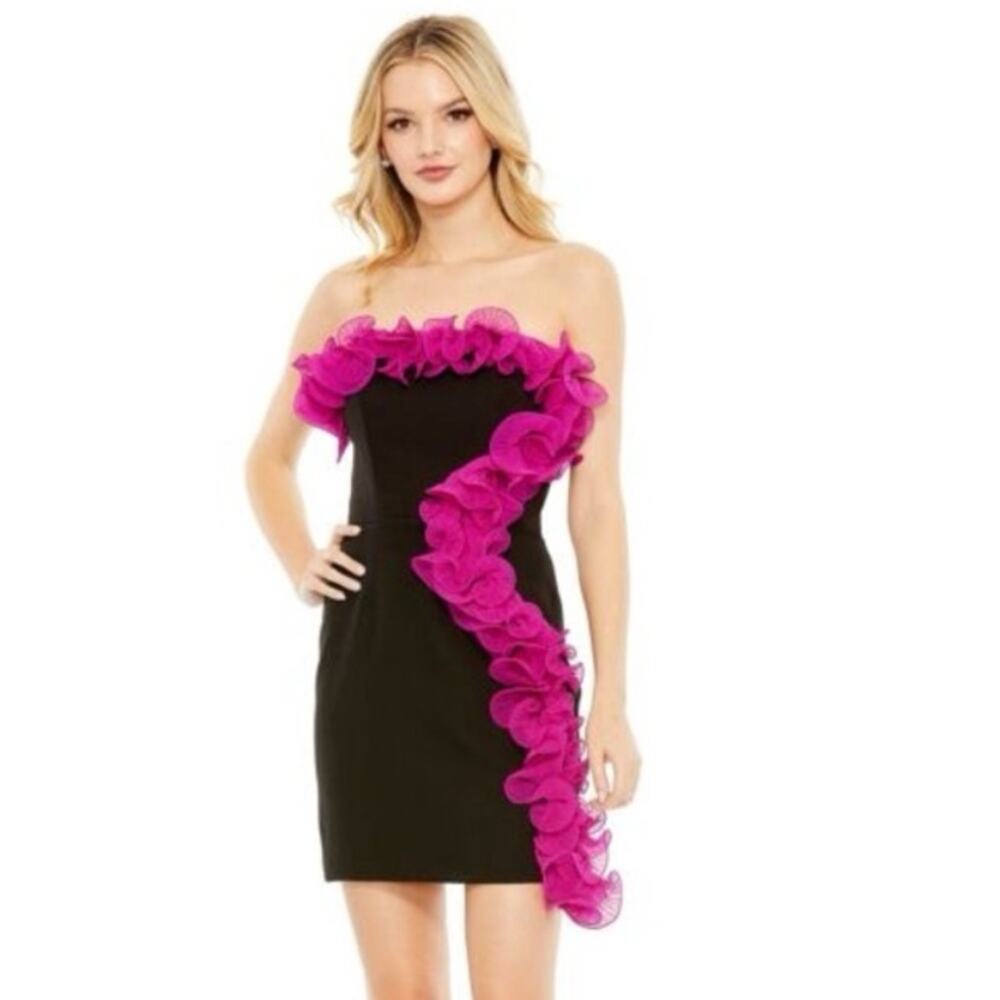 NEW Ieena Mac Duggal Strapless Black Dress Pink Ruffle, Size 2, MSRP $398